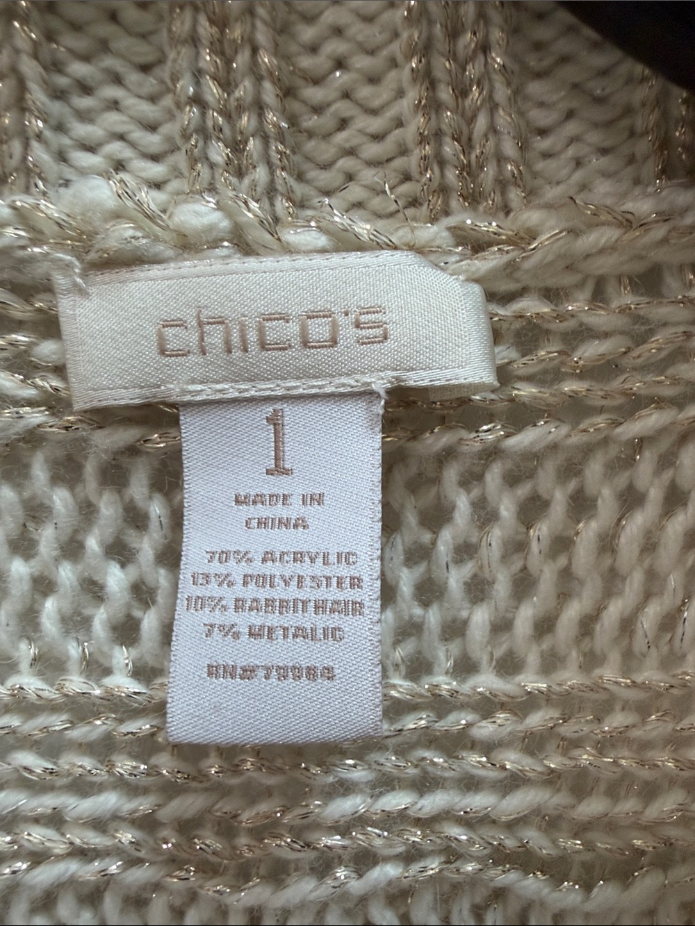 Chico's Cream/Gold Cable-Knit Fringe Open Front Sweater Vest, size 1 (M) - Picture 3 of 4